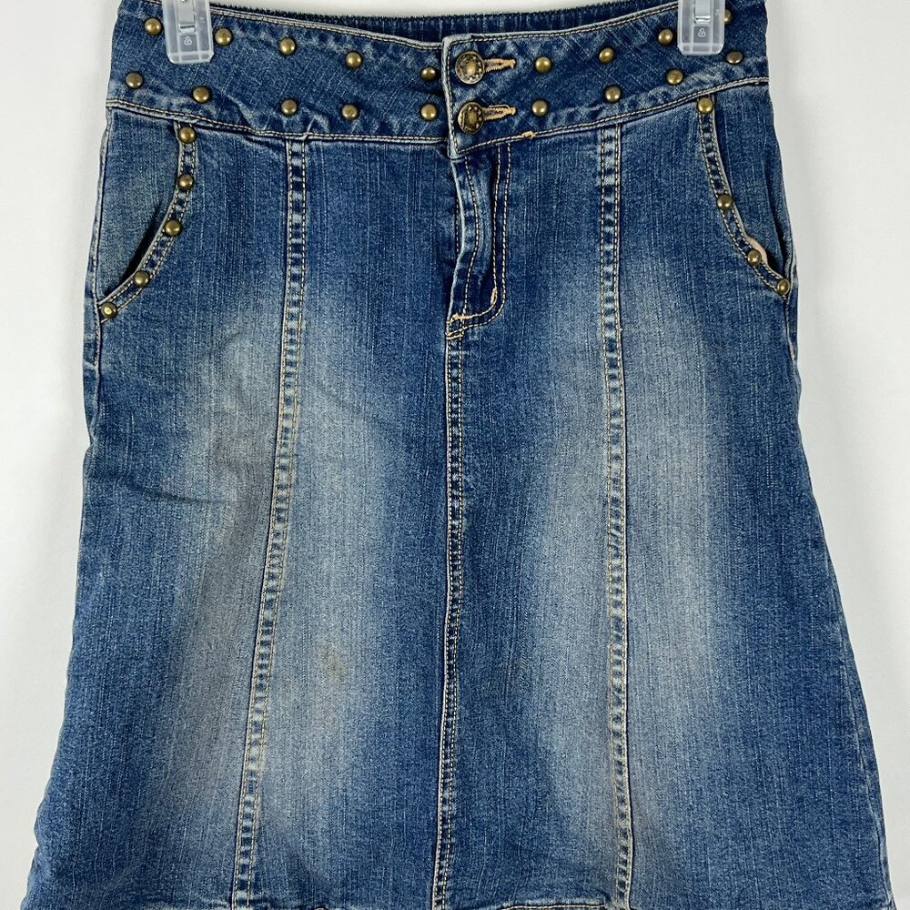 Kaity Jean Skirt Size S Waist 28in Stretch Blue A Line Button Zip Cotton Spandex